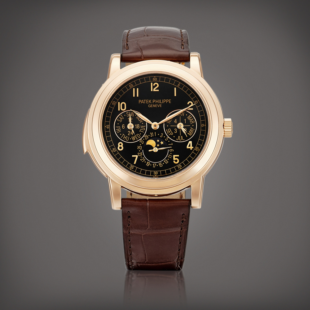 Patek Philippe  Reference 5074 A pink gold minute repeating perpetual calendar wristwatch with cathedral gongs, moon phases, 24 hours and leap year indication, Circa 2012 