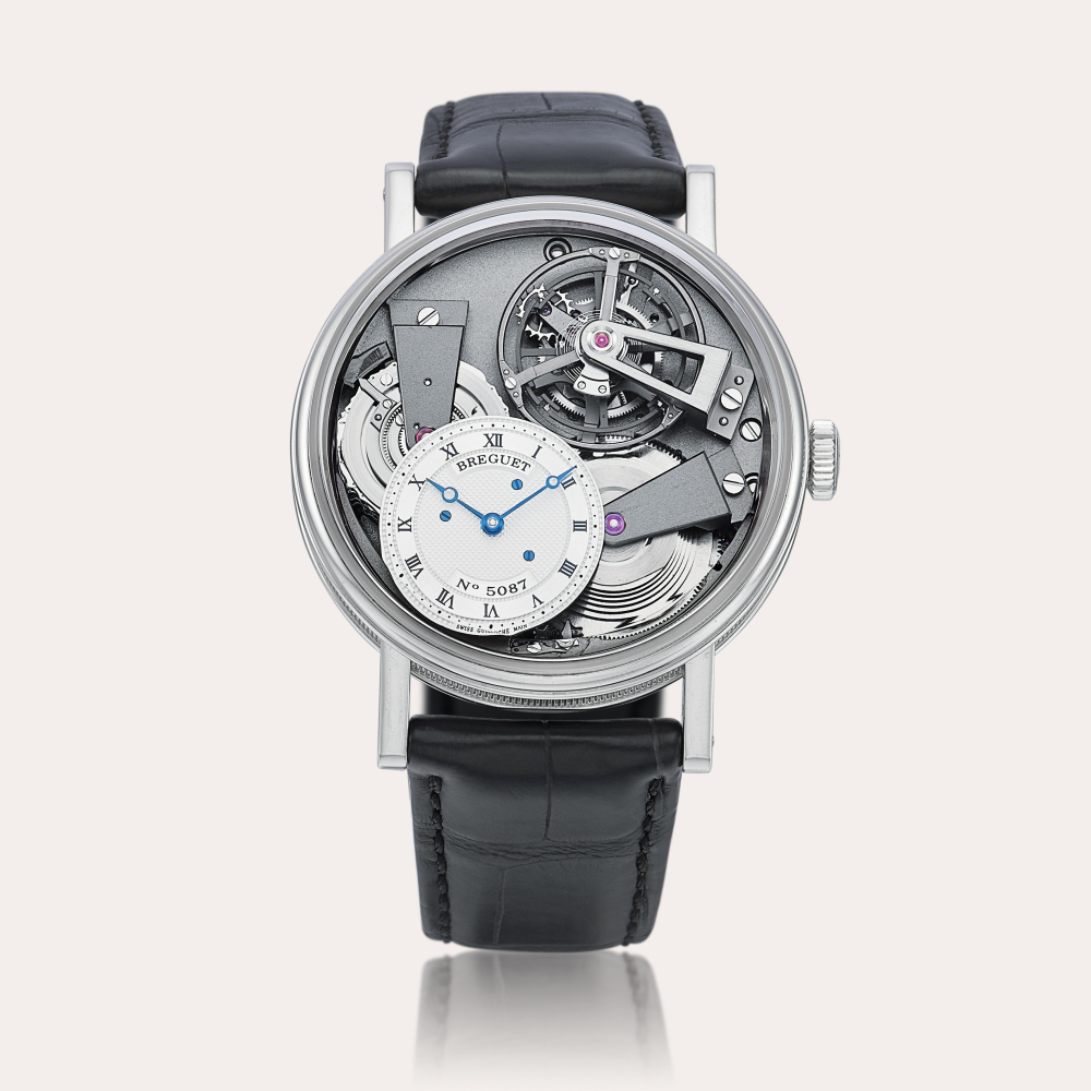 Breguet La Tradition, Reference 7047 | A platinum semi-skeletonised tourbillon wristwatch with chain and fusée, silicon balance spring and power reserve indication, Circa 2011 | 寶璣 | La Tradition 型號7047 |