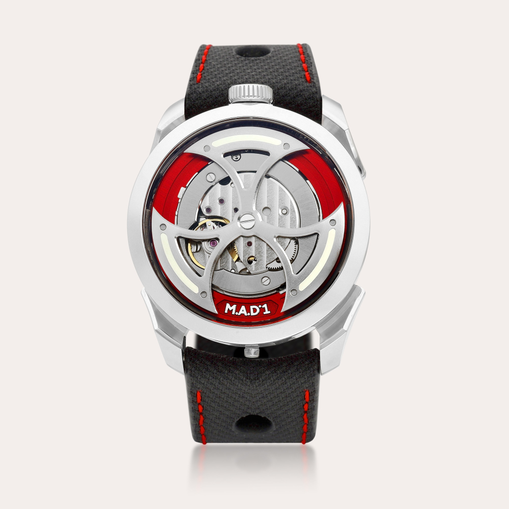 M.A.D.Editions M.A.D.1 RED | A stainless steel semi-skeletonised wristwatch with lateral time display and triple-blade winding rotor, Made in collaboration with MB&F, Circa 2022 | M.A.D.1 RED | 精鋼半鏤空腕錶，備
