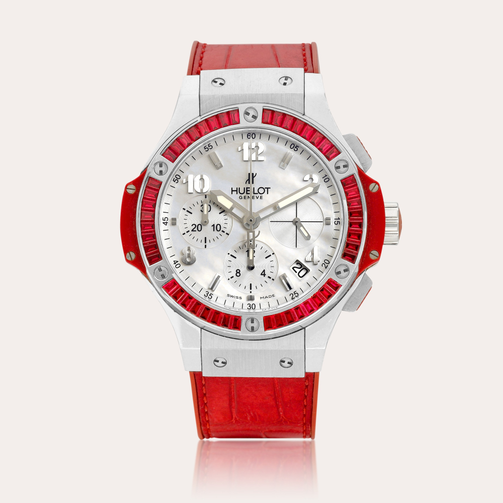 Hublot Big Bang, Reference 341 | A stainless steel, titanium and spinel-set chronograph wristwatch with date and mother-of-pearl dial, Circa 2010 | 宇舶 | Big Bang 型號341 | 精鋼、鈦金屬鑲尖晶石計時腕錶，備日期顯