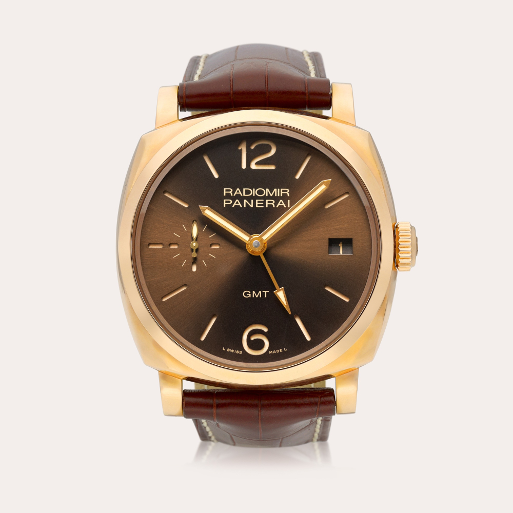 Panerai Radiomir 1940 GMT, Reference PAM00570 | A pink gold dual time zone wristwatch with date and power reserve indication, Circa 2016 | 沛納海 | Radiomir 1940 GMT 型號PAM00570 | 粉紅金兩地時間腕錶，備日期顯示及動力儲備顯示，
