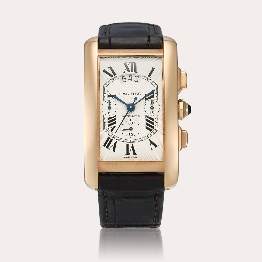 Cartier Tank Americaine, Reference 2893 | A pink gold chronograph wristwatch with date, Circa 2010 | 卡地亞 | Tank Americaine 型號2893 | 粉紅金計時腕錶，備日期顯示，約2010年製