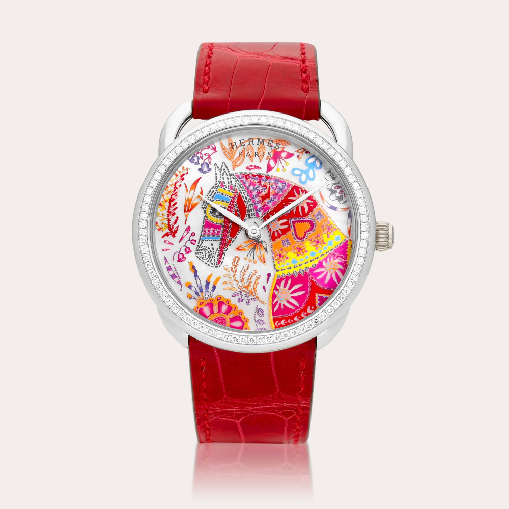 Hermès Arceau, Reference AR8.591a | A limited edition white gold and diamond-set wristwatch with hand-painted mother-of-pearl dial, Circa 2022 | 愛馬仕 | Arceau 型號AR8.591a | 限量版白金鑲鑽石腕錶，備手繪珠母貝錶盤，約2022年製
