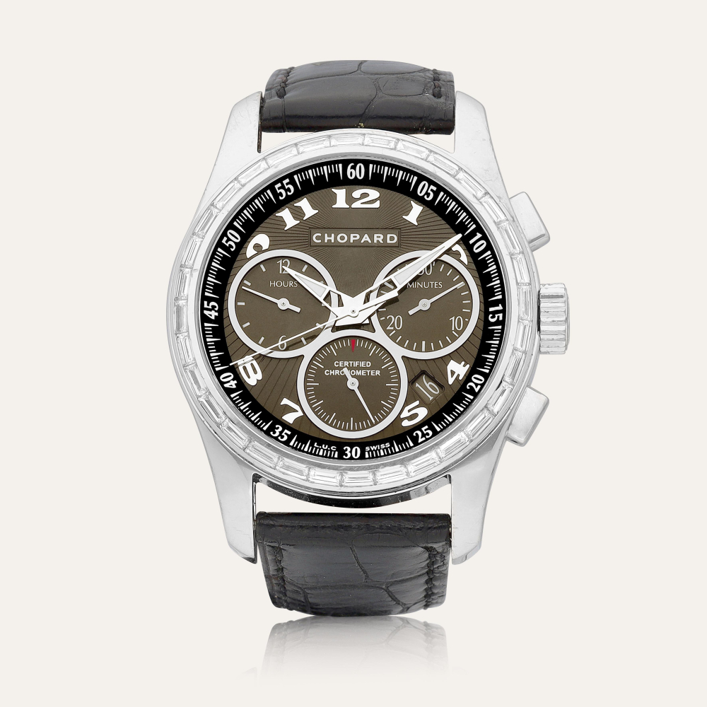 Chopard L.U.C. Chrono One, Reference 1916 | A white gold and diamond-set chronograph wristwatch with date, Circa 2010 | 蕭邦 | L.U.C. Chrono One 型號1916 | 白金鑲鑽石計時腕錶，備日期顯示，約2010年製