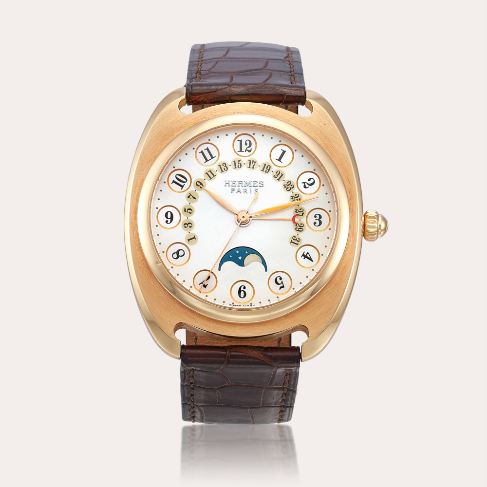 Hermès Dressage II, Reference DR2.770 | A limited edition pink gold wristwatch with moon phases, retrograde date and mother-of-pearl dial, Circa 2005 | 愛馬仕 | Dressage II 型號DR2.770 | 限量版粉紅金腕錶，備月