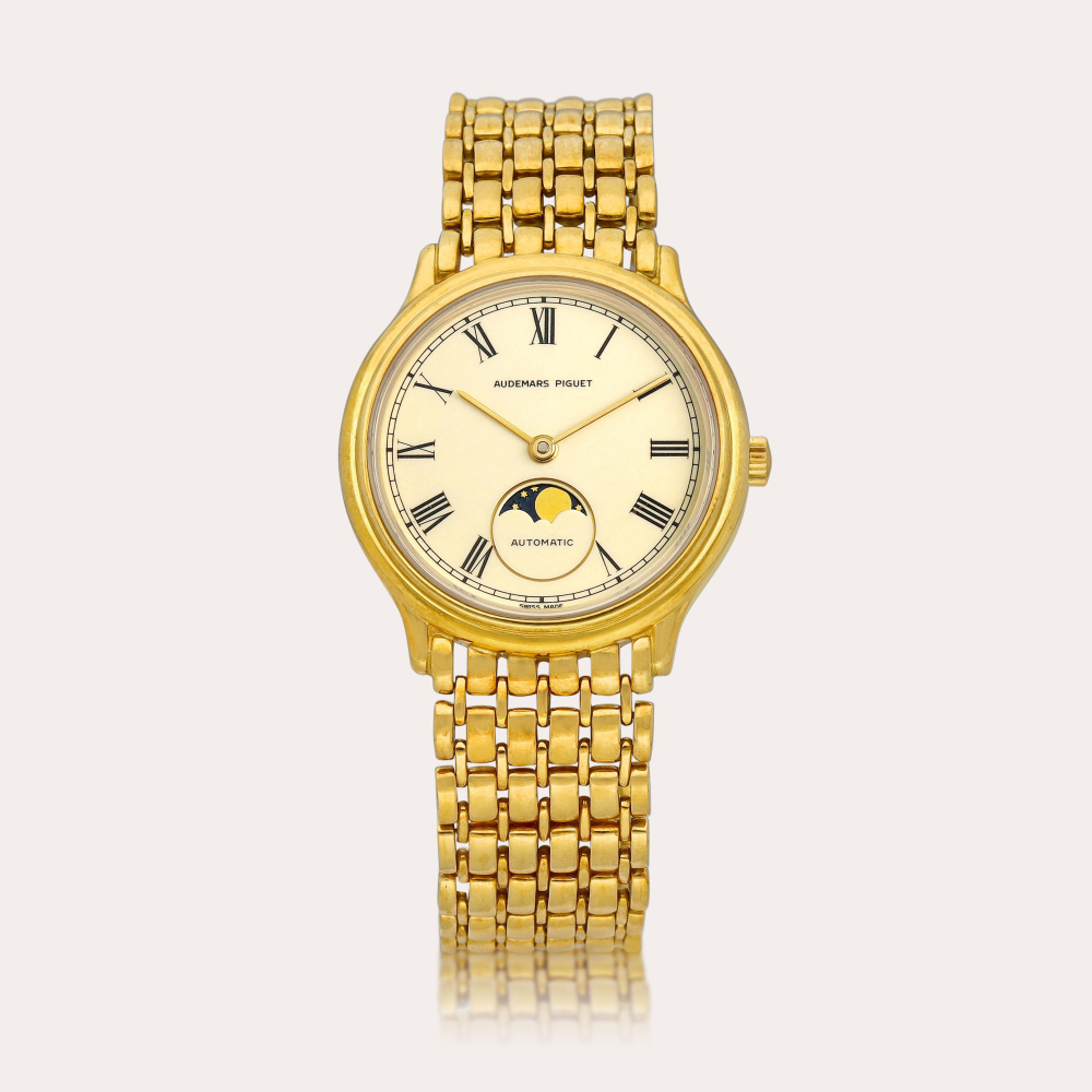 Audemars Piguet A yellow gold wristwatch with moon phases and bracelet, Circa 1990 | 愛彼 | 黃金鏈帶腕錶，備月相顯示，約1990年製