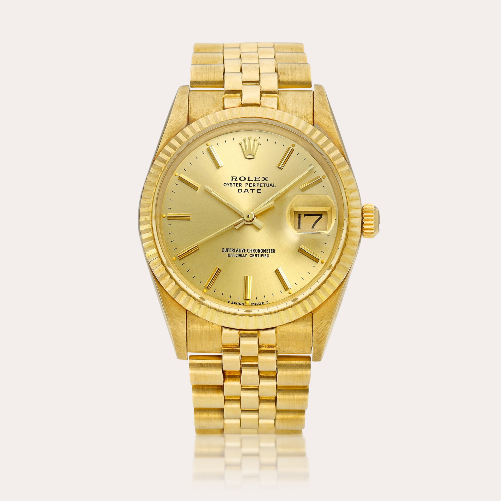 Rolex Oyster Perpetual Date, Reference 15037 | A yellow gold wristwatch with date and bracelet, Circa 1987 | 勞力士 | Oyster Perpetual Date 型號15037 | 黃金鏈帶腕錶，備日期顯示，約1987年製