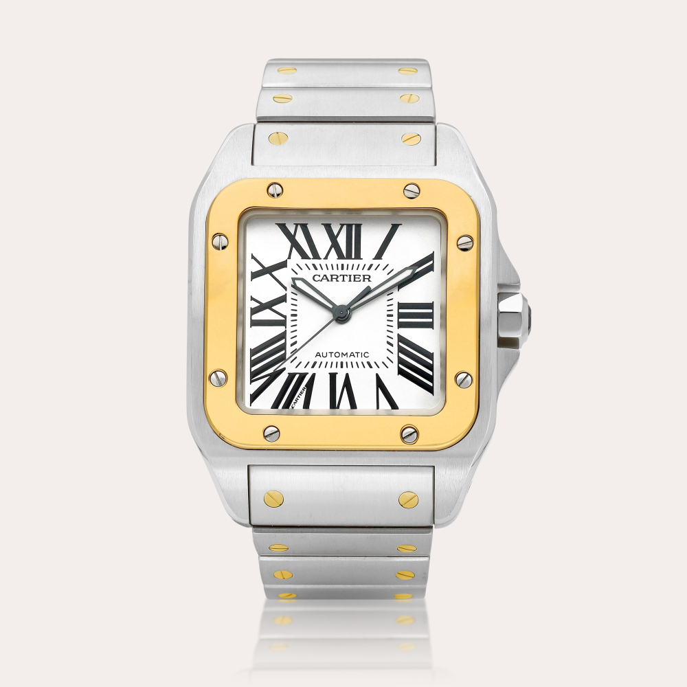 Cartier Santos 100, Reference 2656 | A yellow gold and stainless steel wristwatch with bracelet, Circa 2011 | 卡地亞 | Santos 100 型號2656 | 黃金及精鋼鏈帶腕錶， 約2011年製