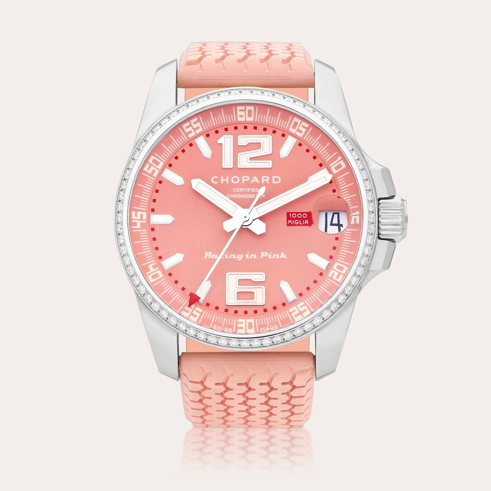 Chopard Mille Miglia GT XL ‘Racing in Pink’ | A limited edition stainless steel and diamond-set wristwatch with date, Circa 2011 | 蕭邦 | Mille Miglia GT XL ‘Racing in Pink’ | 限量版精鋼鑲鑽石腕錶，備日期顯示，約2011年製
