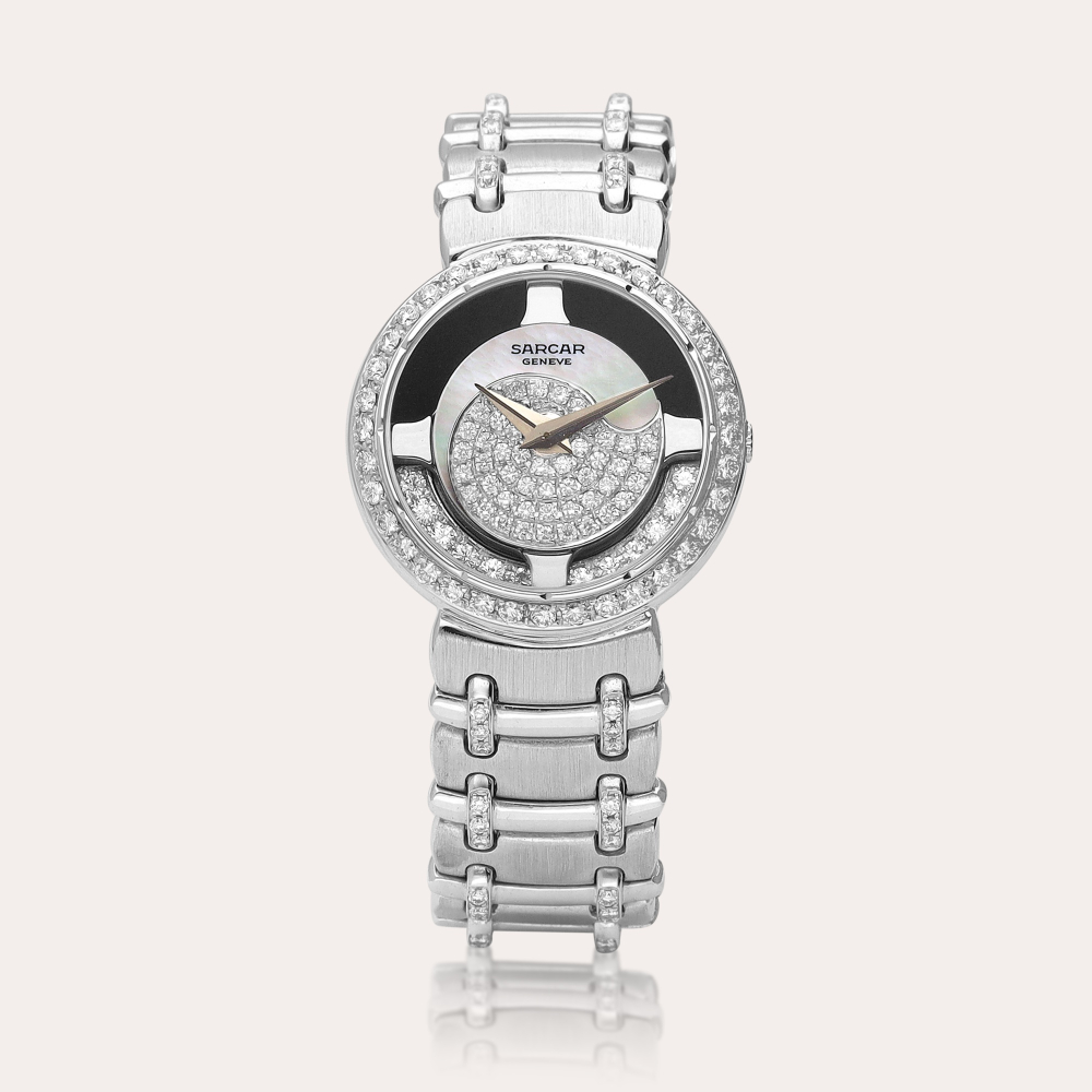 Sarcar Magic Moon | A white gold and diamond-set bracelet watch with mother-of-pearl dial and rotating plate, Circa 2000 | 白金鑲鑽石鏈帶腕錶，備珠母貝錶盤及迴轉盤，約2000年製
