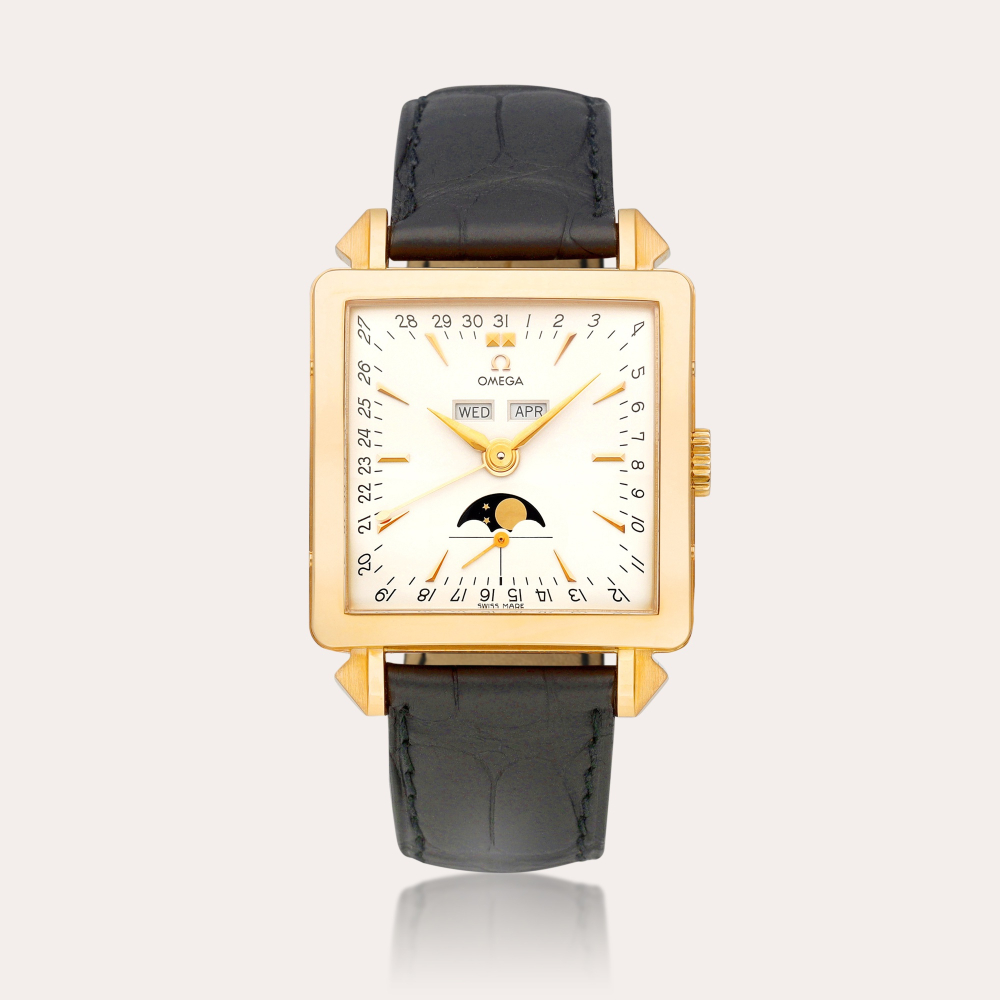 Omega Museum Collection No. 2 “Cosmic”, Reference 5756.30.01 | A pink gold triple calendar wristwatch, with moon phases, Circa 1998 | 歐米茄 | Museum Collection No. 2 “Cosmic” | 型號5756.30.01 | 粉紅金全日曆腕