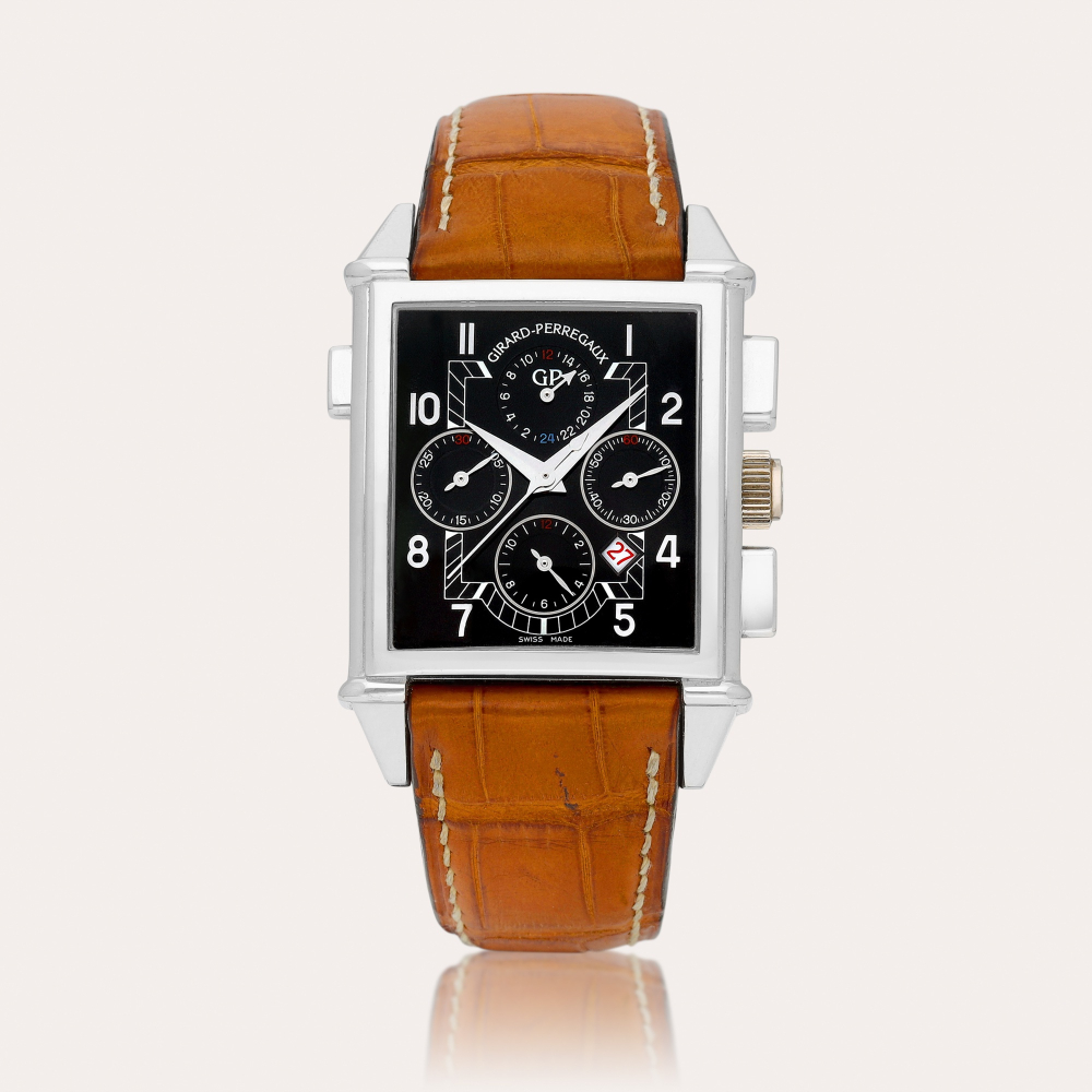 Girard-Perregaux Vintage 1945, Reference 25975 | A white gold dual time zone chronograph wristwatch with date, Circa 2000 | 芝柏 | Vintage 1945 型號25975 | 白金兩地時間計時腕錶，備日期顯示，約2000年製