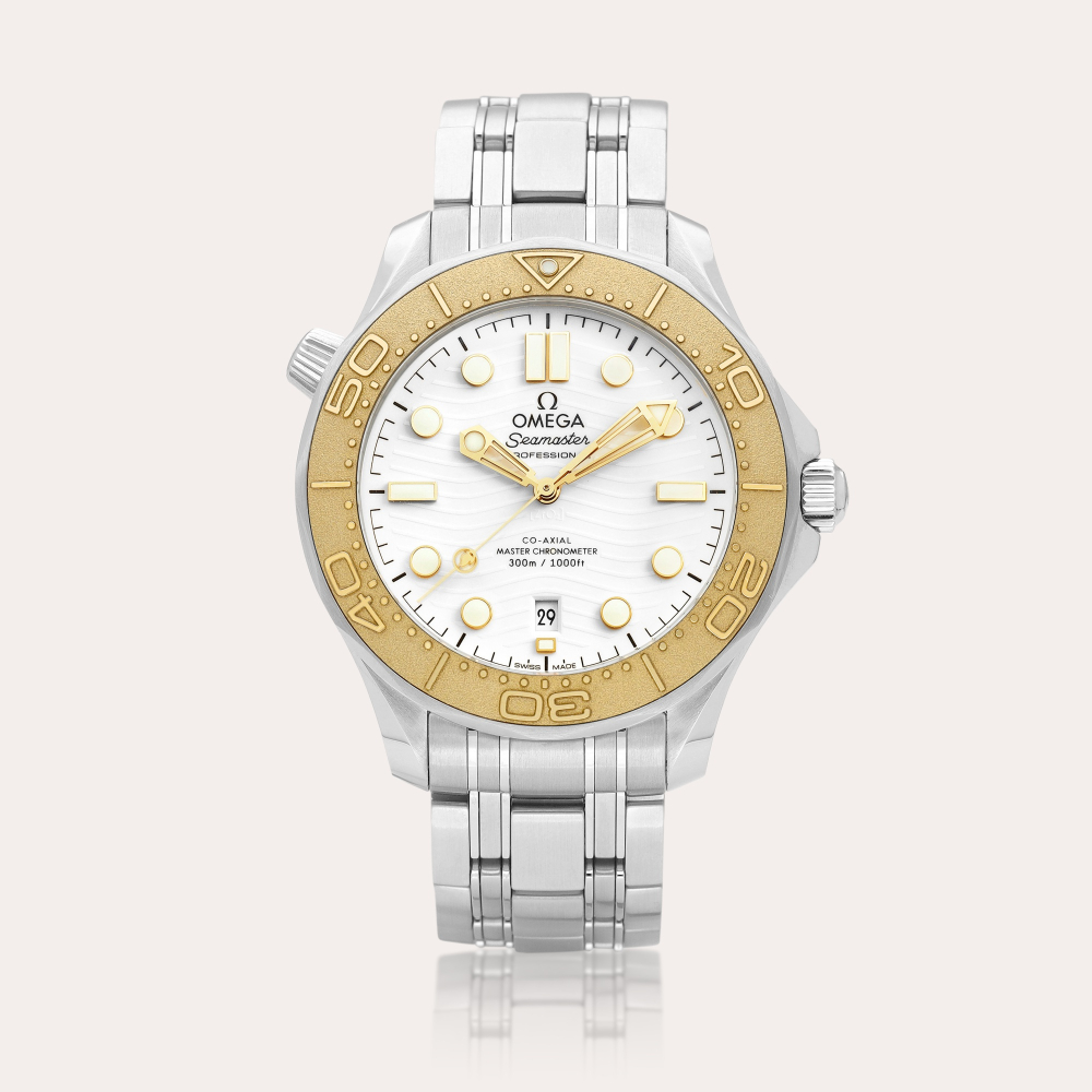 Omega Seamaster Diver "Paris Olympics 2024", Reference 522.21.42.20.04.001 | A stainless steel wristwatch with date, bracelet and Moonshine Gold bezel, Circa 2024 | 歐米茄 | 海馬潛水系列 “巴黎奧運 2024” 型號