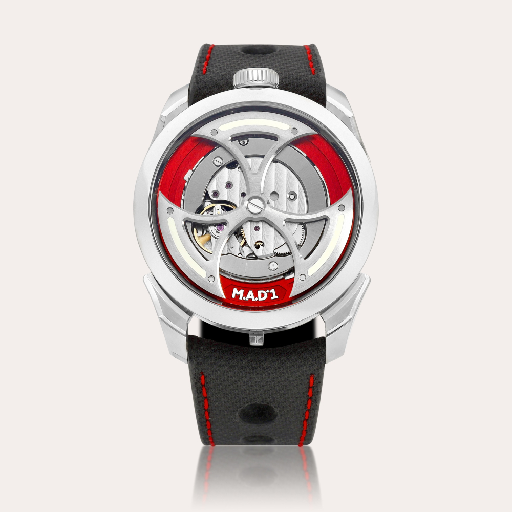 M.A.D.Editions A stainless steel semi-skeletonised wristwatch with lateral time display and triple-blade winding rotor, Made in collaboration with MB&F, Circa 2022 M.A.D.1 RED 精鋼半鏤空腕錶，備橫向時間顯示及三葉擺