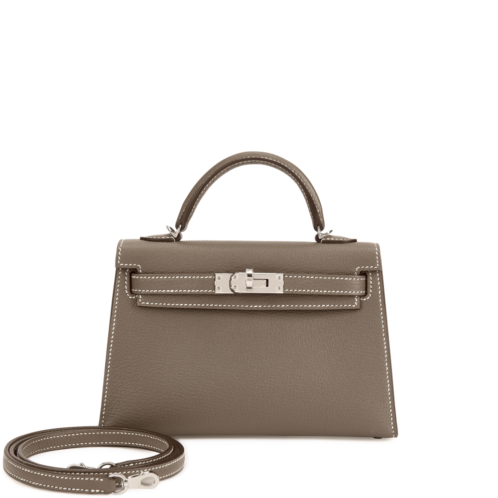 Hermès Limited Edition Etoupe Chèvre Mysore and New White Verso Mini Kelly II 20 Palladium Hardware, 2024