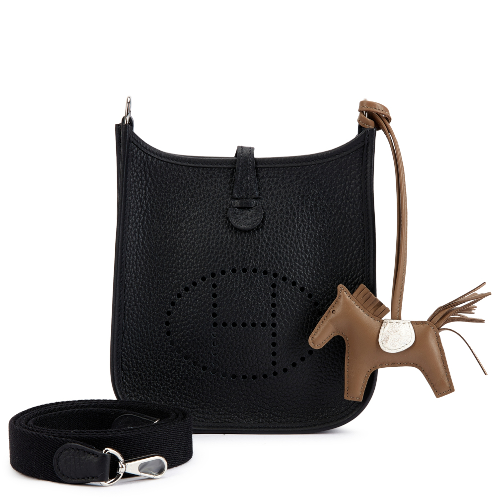 Hermès Set of Two Black Clémence Mini Evelyne II TPM 16 Palladium Hardware, 2024 and Limited Edition White Matte Niloticus Crocodile Himalaya and Etoupe Milo Lambskin Touch GriGri Rodeo PM Charm, 2024