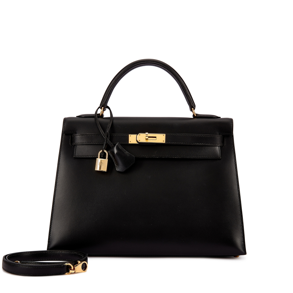 Hermès Vintage Black Box Kelly 32 Sellier Gold Hardware, 1996