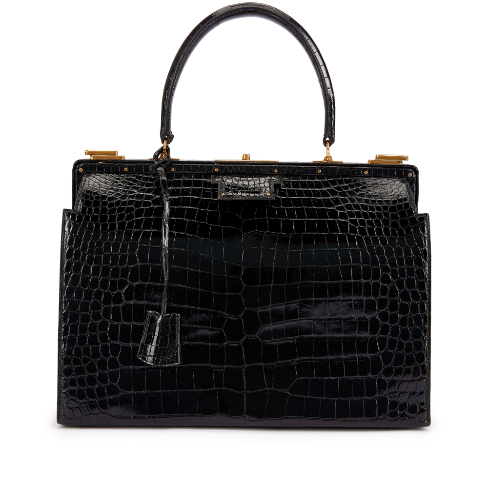 Hermès Vintage Black Shiny Crocodile Sac Ulysse Mallette Gold Hardware