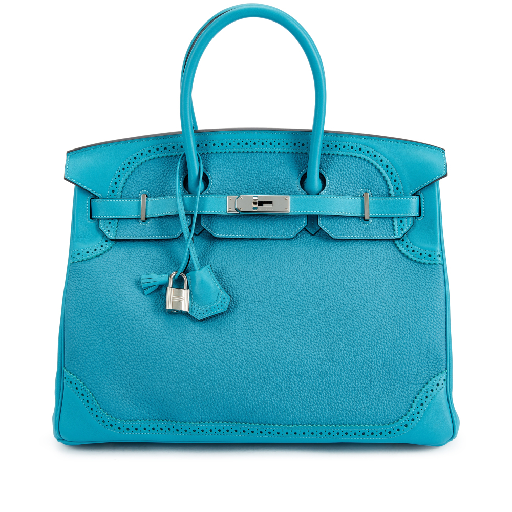 Hermès Limited Edition Turquoise Togo and Swift Ghillies Birkin 35 Palladium Hardware, 2015