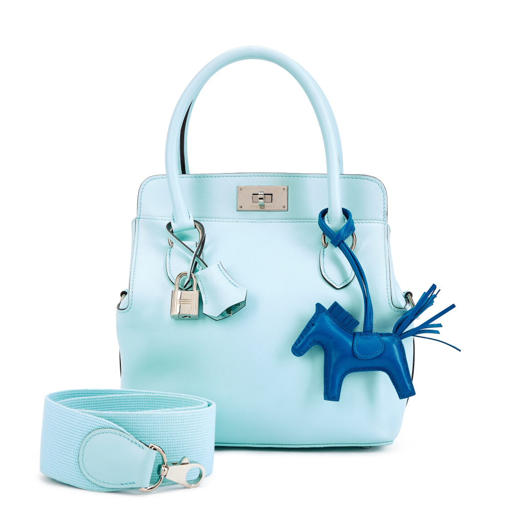 Hermès Set of Two Bleu Atoll Swift Toolbox 20 Palladium Hardware, 2017 and Bleu France Milo Lambskin and Swift GriGri Rodeo Charm PM, 2021