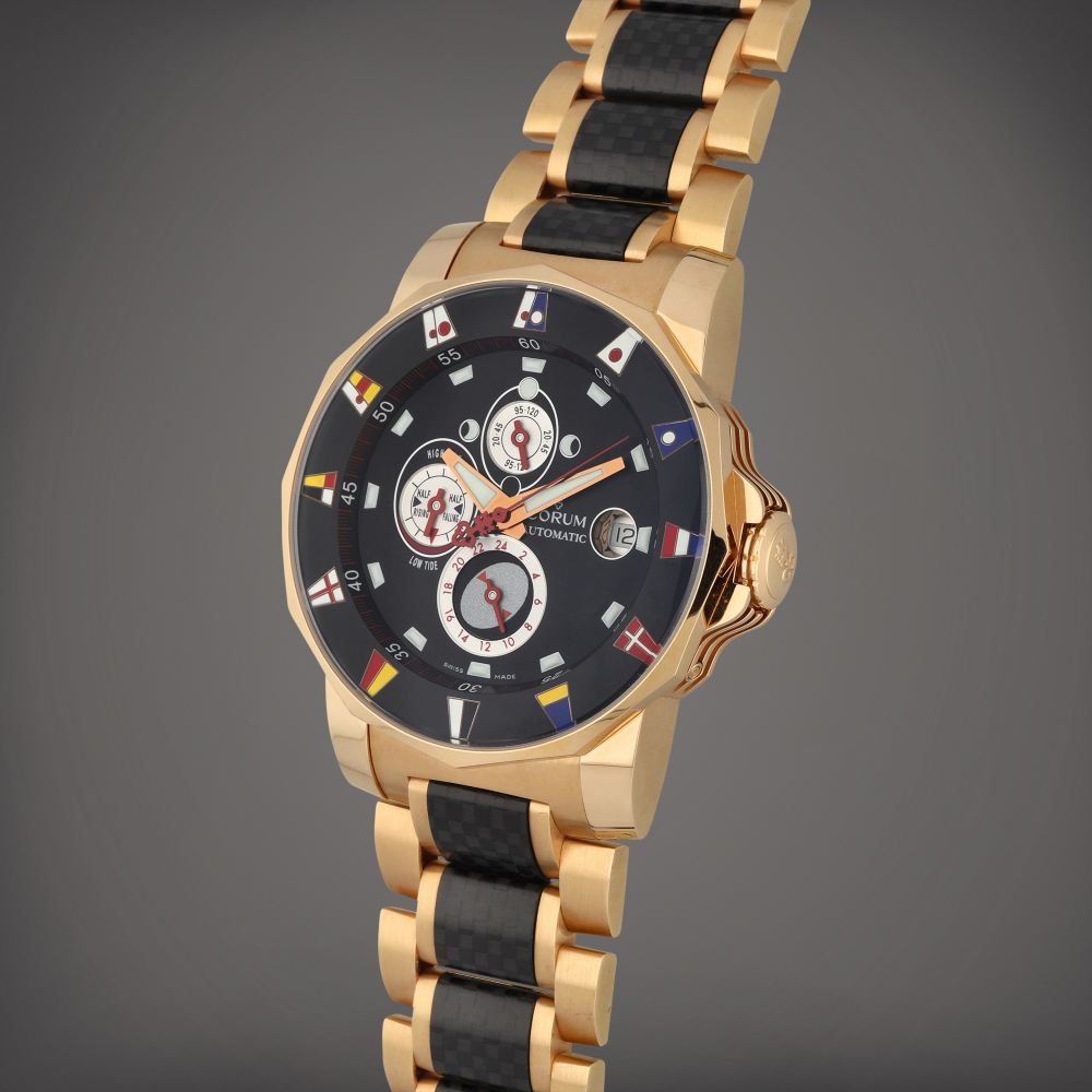 Admiral's Cup Tides 44 Regatta, Reference 977.631.55 | A pink gold and carbon fibre wristwatch with, date, moon phases, tide indications and bracelet | Circa 2006
