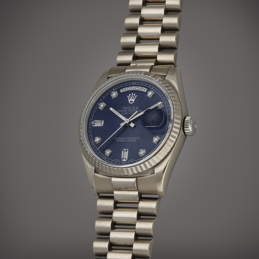 Rolex Day-Date, Reference 18239 | A white gold and diamond-set wristwatch with day, date and bracelet | Circa 1993