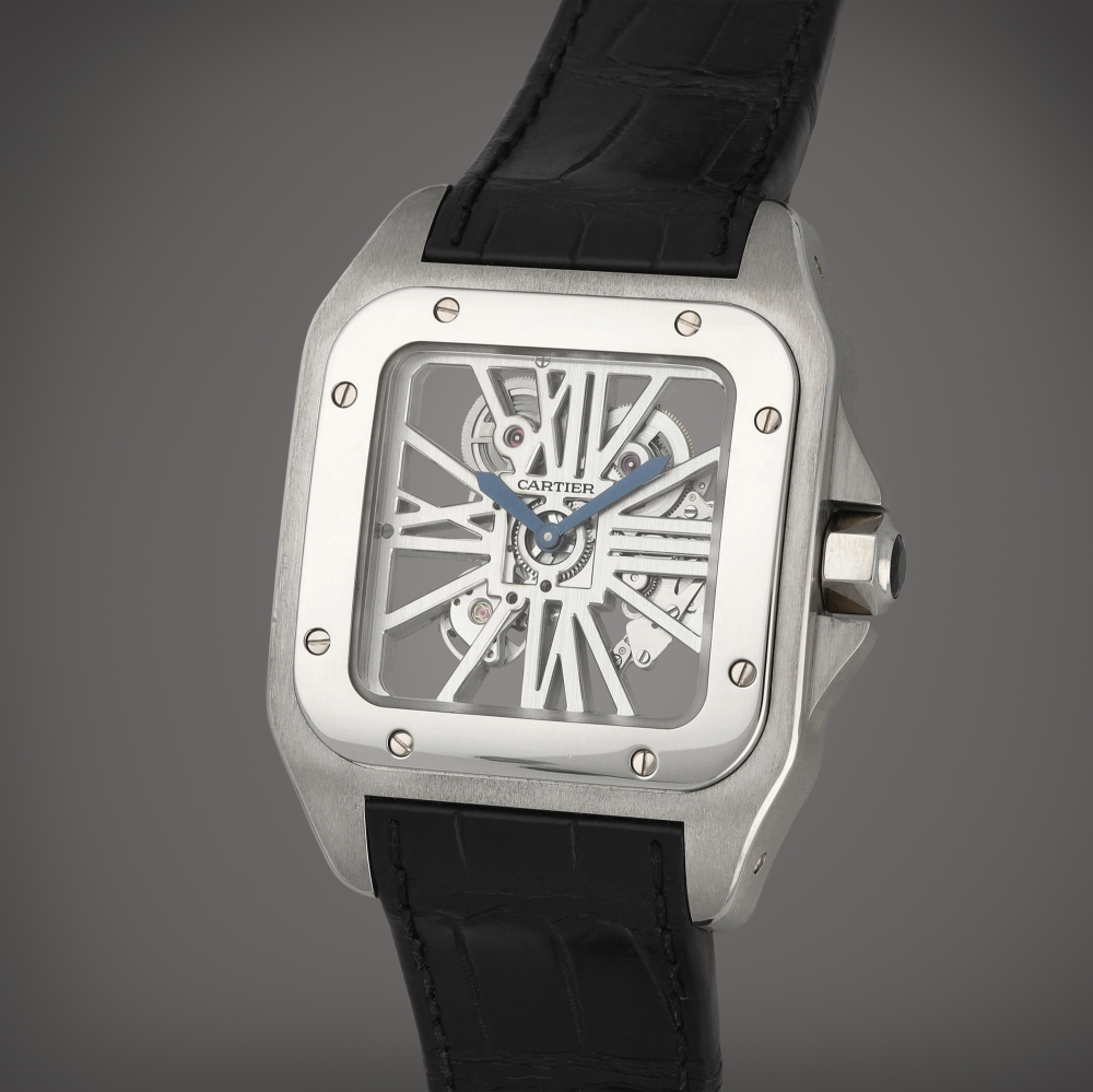 Cartier Santos 100, Reference 3202 | A limited edition palladium and white gold skeletonised wristwatch | Circa 2009