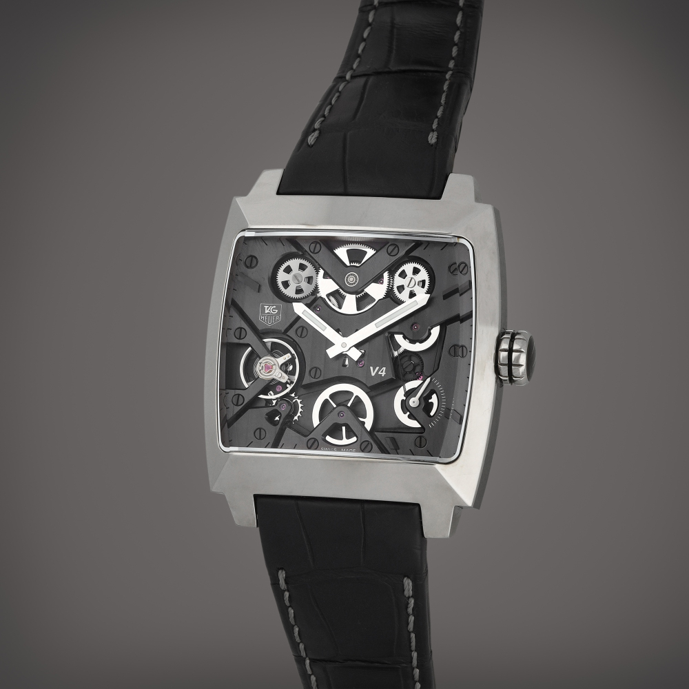 Tag Heuer Monaco V4 | A limited edition titanium semi-skeletonised wristwatch with mechanical transmission belts and linear winding system | Circa 2013