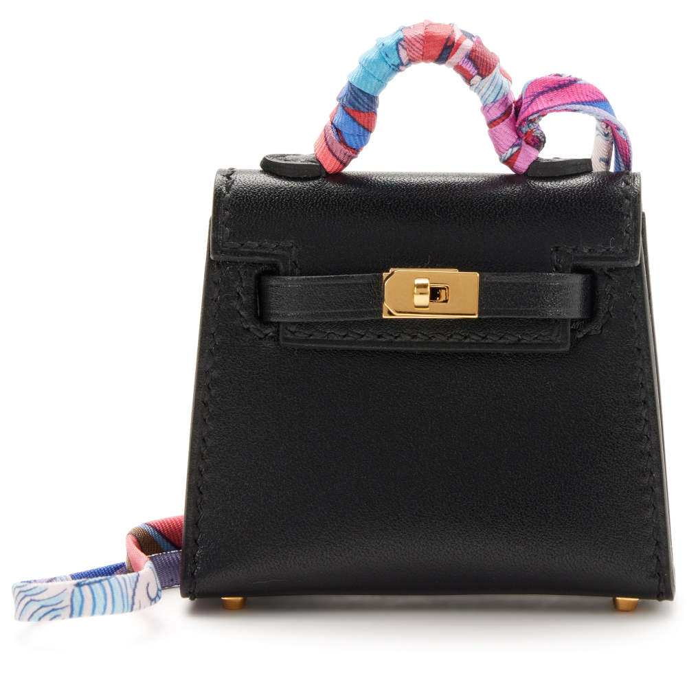 Black Tadelakt Micro Mini Twilly Kelly Charm Gold Hardware, 2022
