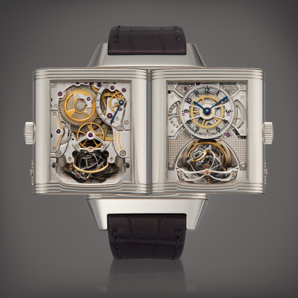 Reference 247607 Reverso Gyrotourbillon 2  A limited edition platinum semiskeletonized multiaxis spherical tourbillon wristwatch with 50hour power reserve and 24hour indication Circa 2008