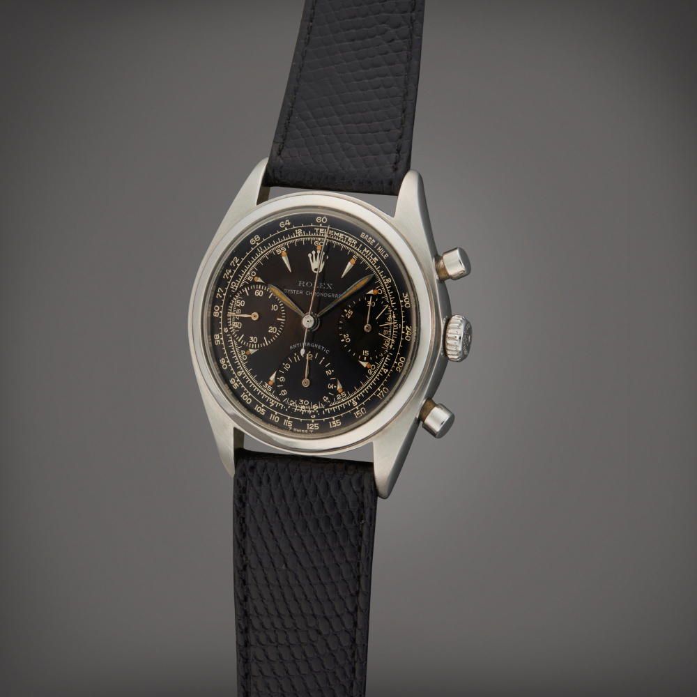 Reference 6034  A stainless steel chronograph wristwatch with tropical gilt dial Circa 1952    6034  1952