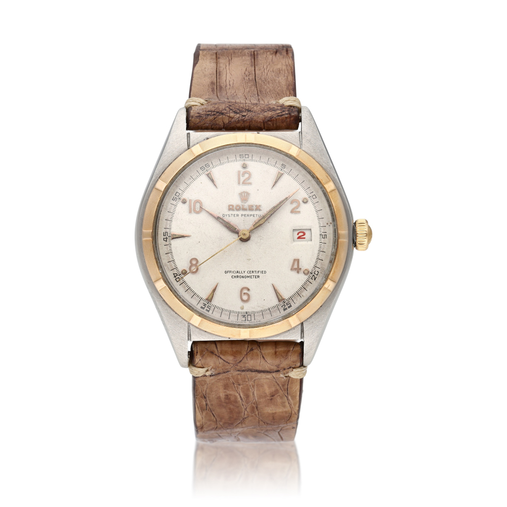 Reference 5031 Oyster Perpetual Bubbleback | A pink gold and stainless steel automatic wristwatch with roulette date wheel, Circa 1948