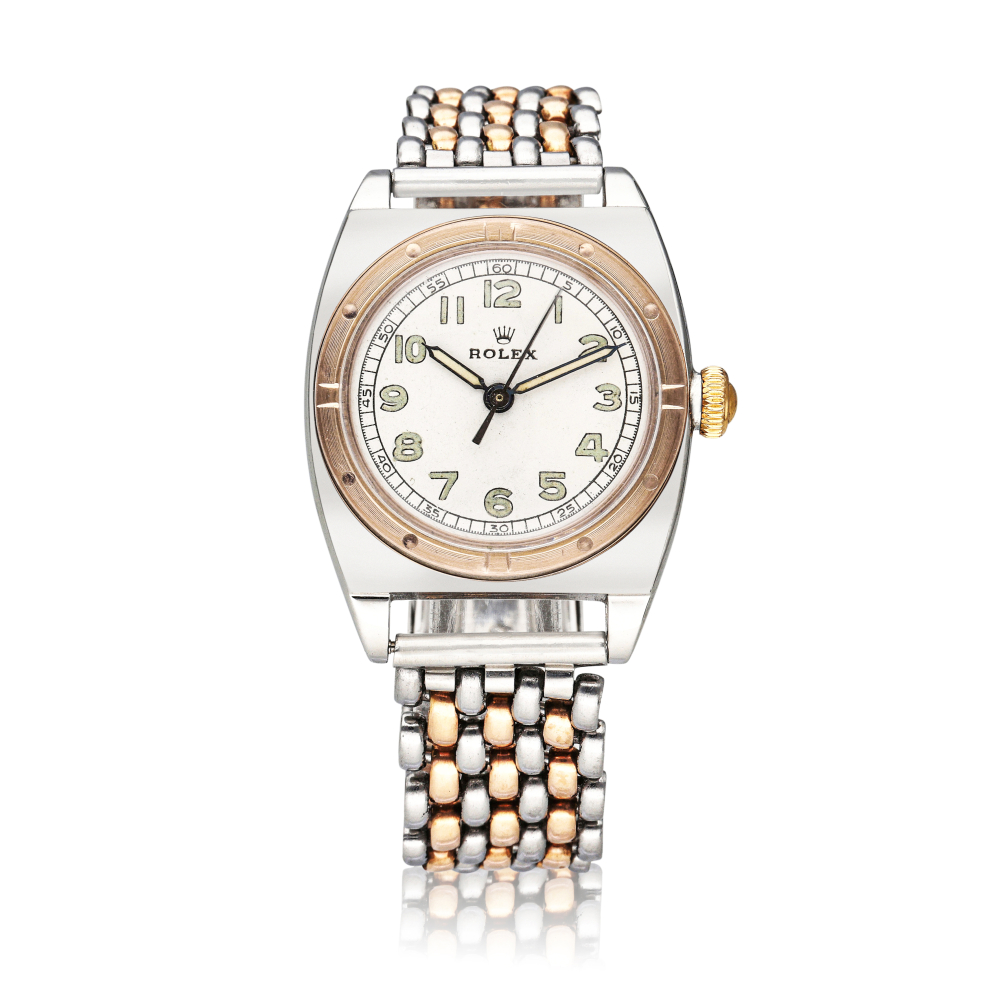 Reference 3359 Bubbleback | A stainless steel and pink gold automatic wristwatch with bracelet, Circa 1938