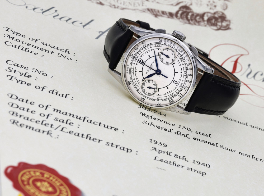 Reference 130 | A stainless steel chronograph wristwatch with a sector dial, Made in 1939
