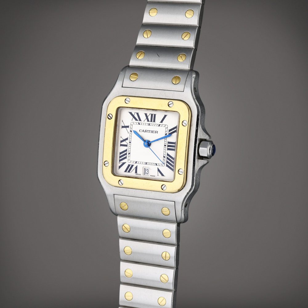 Reference 1566 Santos | A stainless steel and yellow gold square shaped wristwatch with date and bracelet, Circa 2010