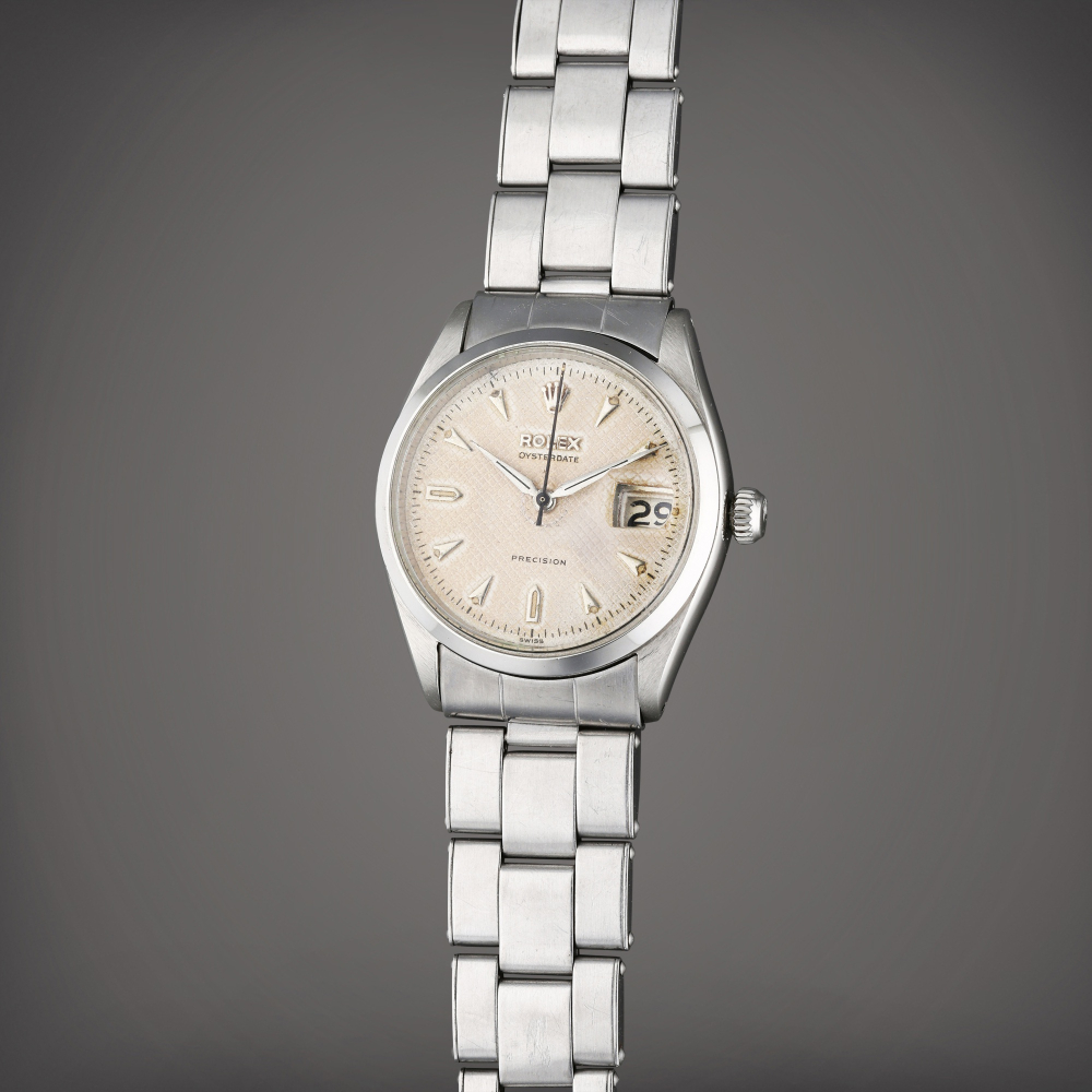 Reference 6294 Oysterdate Precision | A stainless steel wristwatch with roulette date wheel, bracelet, and honeycomb dial, Circa 1954
