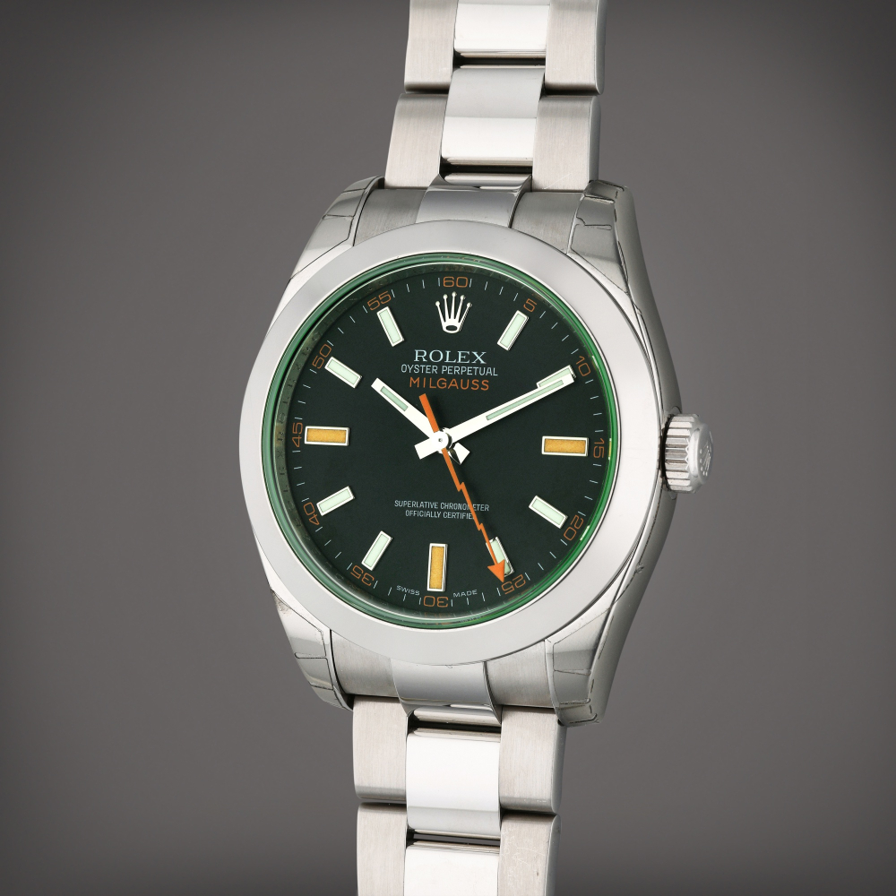 Reference 116400 Milgauss | A stainless steel automatic wristwatch with bracelet and green sapphire crystal, Circa 2015