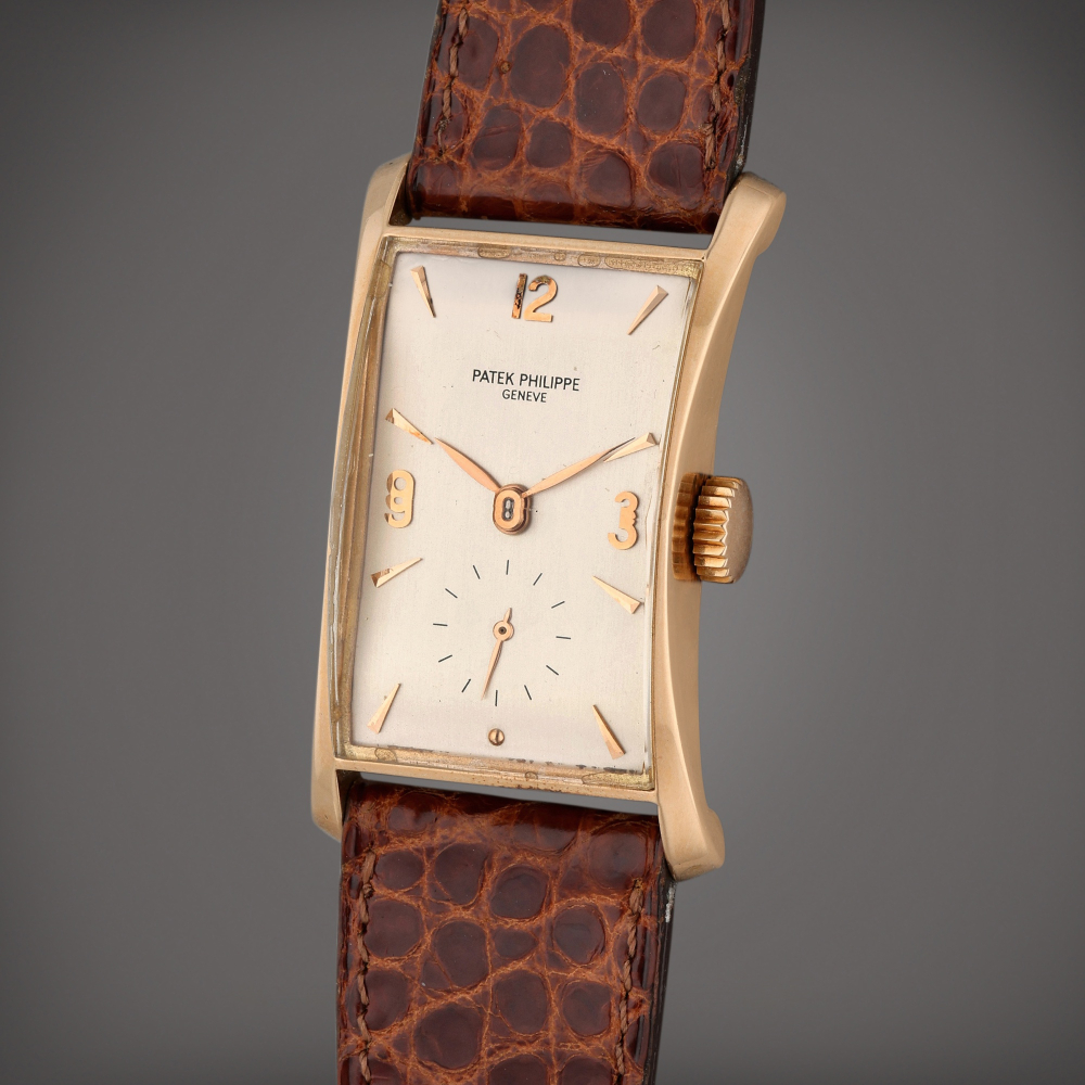 Reference 1593 Hour Glass | A pink gold rectangular wristwatch, Made in 1955