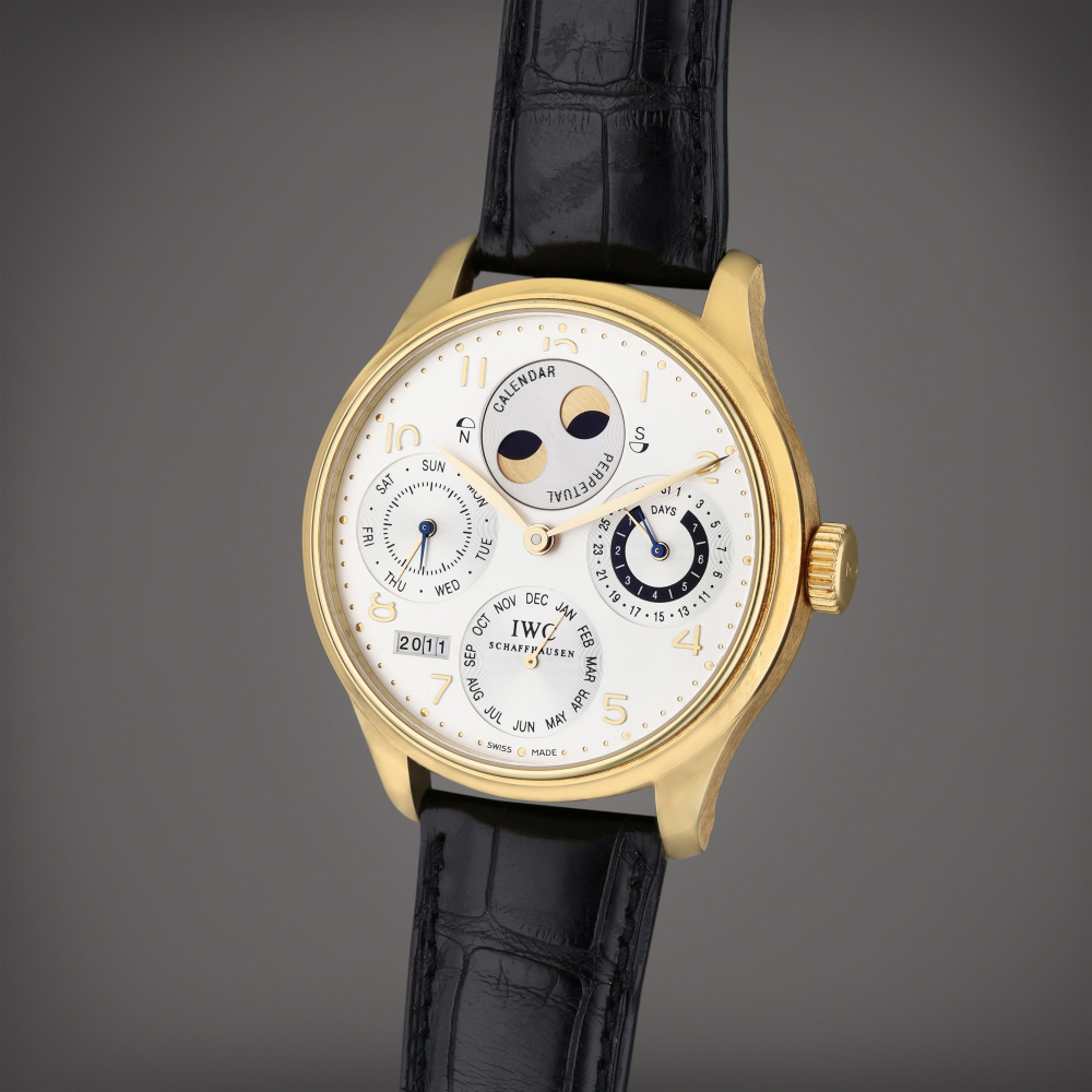 Reference 5021 Portugieser | A yellow gold automatic perpetual calendar wristwatch with moon phases and 7 day power reserve indication, Circa 2005