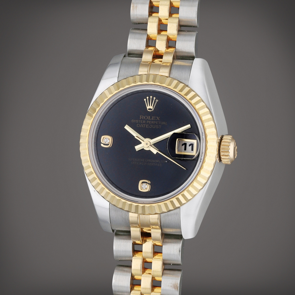 Reference 179173 "Onyx dial" Datejust | A yellow gold and stainless steel diamond-set automatic wristwatch with date, bracelet, and onyx dial, Circa 2011