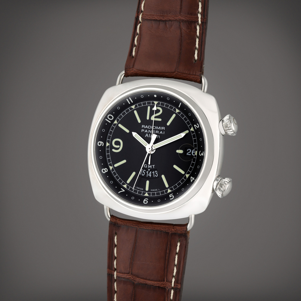 Reference PAM 00098 Radiomir GMT/Alarm | A limited edition stainless steel automatic dual time wristwatch with date and alarm, Circa 2002