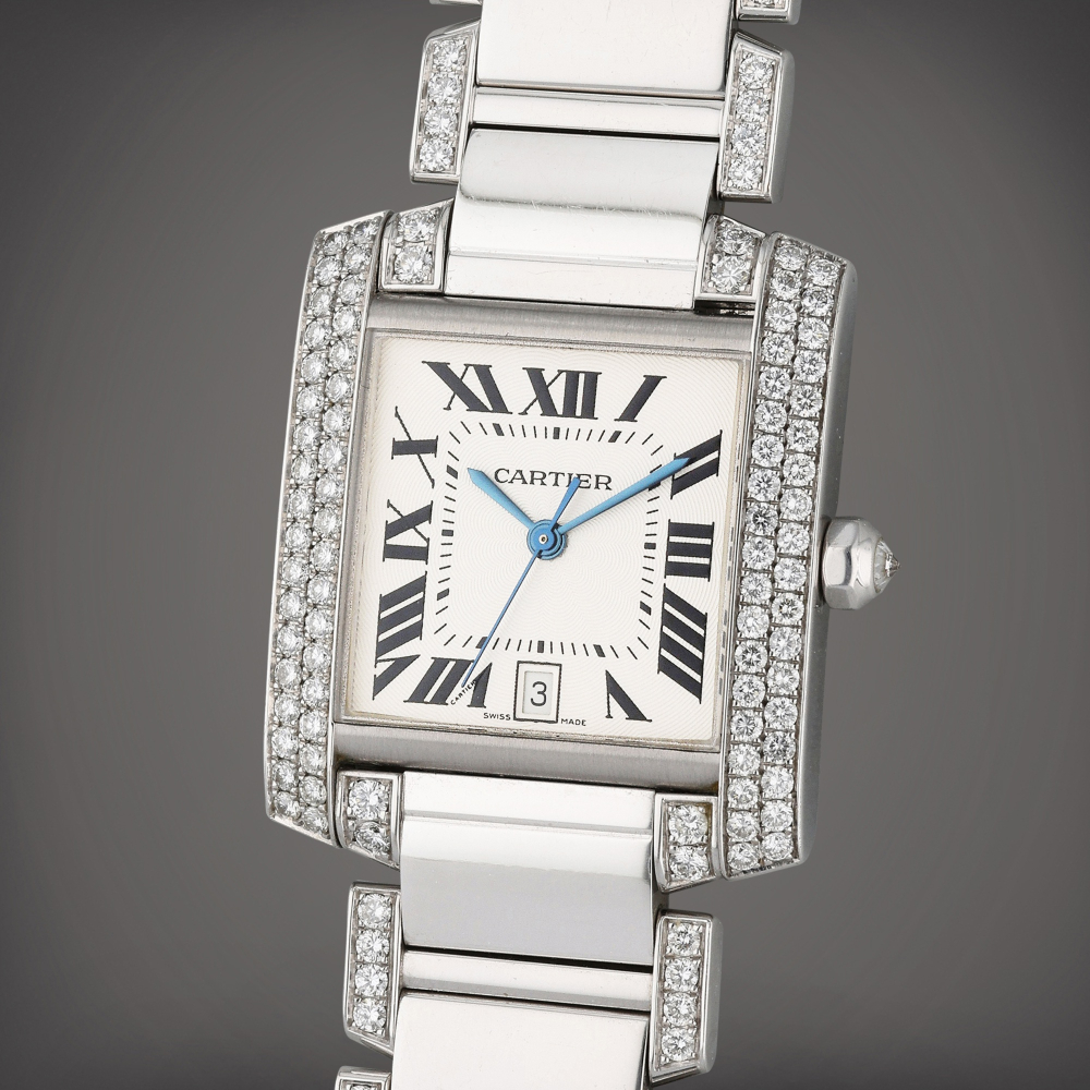 Reference 2366 Tank Française | A white gold and diamond-set automatic wristwatch with bracelet and date, Circa 2005
