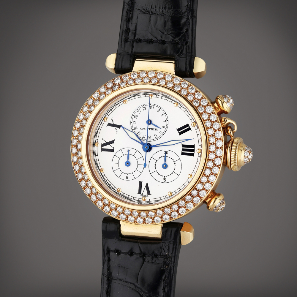 Reference 1353 1 Pasha | A yellow gold and diamond-set chronograph wristwatch with date, Circa 1995