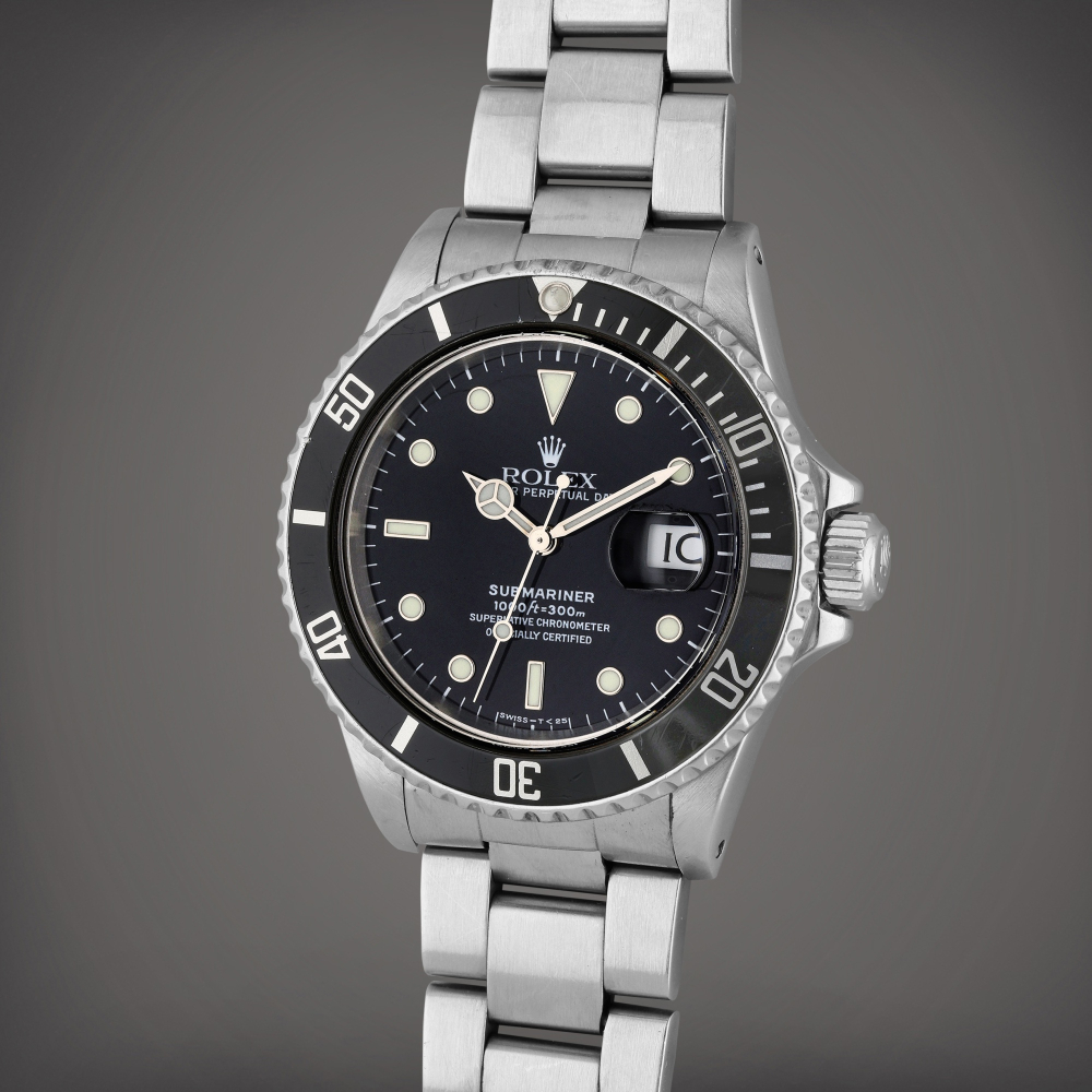 Reference 168000 Submariner | A stainless steel automatic wristwatch with date and bracelet, Circa 1986