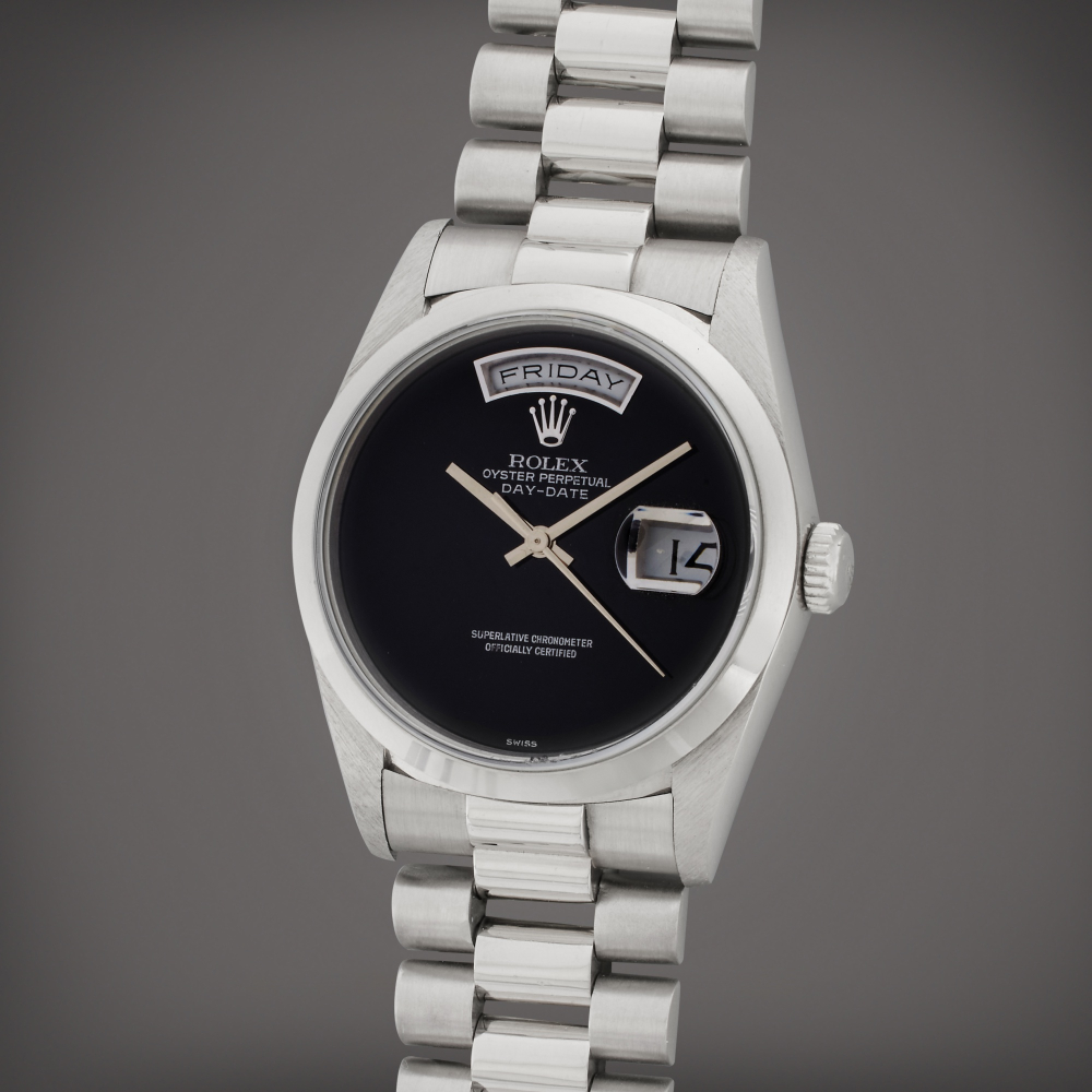Reference 18206 Day-Date | A platinum automatic wristwatch with day, date, bracelet, and onyx dial, Circa 1989