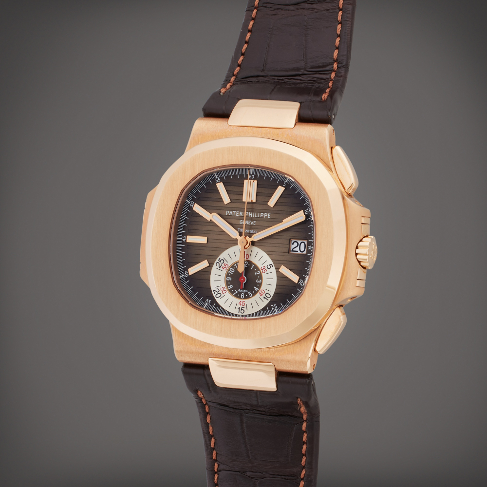 Reference 5980R-001 Nautilus | Retailed by Tiffany Co.: A pink gold automatic flyback chronograph wristwatch with date, Circa 2017