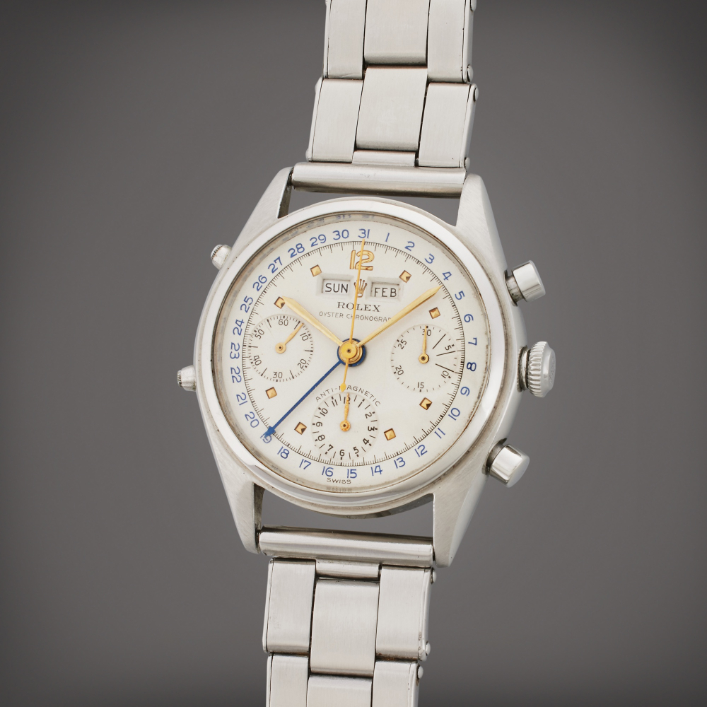 Reference 4767 Dato-Compax 'Jean-Claude Killy' | A stainless steel triple calendar chronograph wristwatch with bracelet, Circa 1948