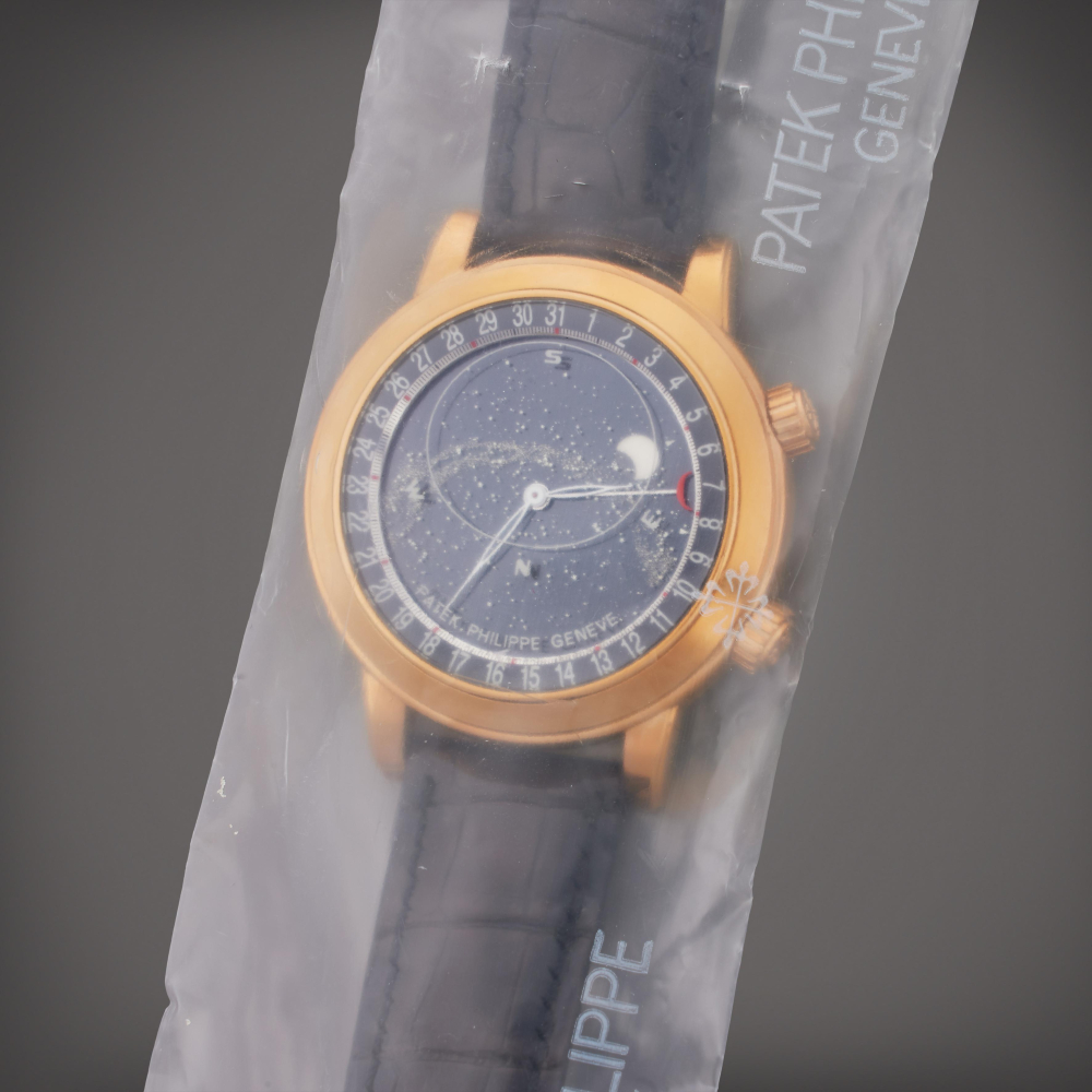 Reference 6102 Celestial | A pink gold astronomical wristwatch with date, sky chart, phases and position of the Moon and time of Meridian passage of Sirius and the Moon, Singled Sealed, Circa 2016