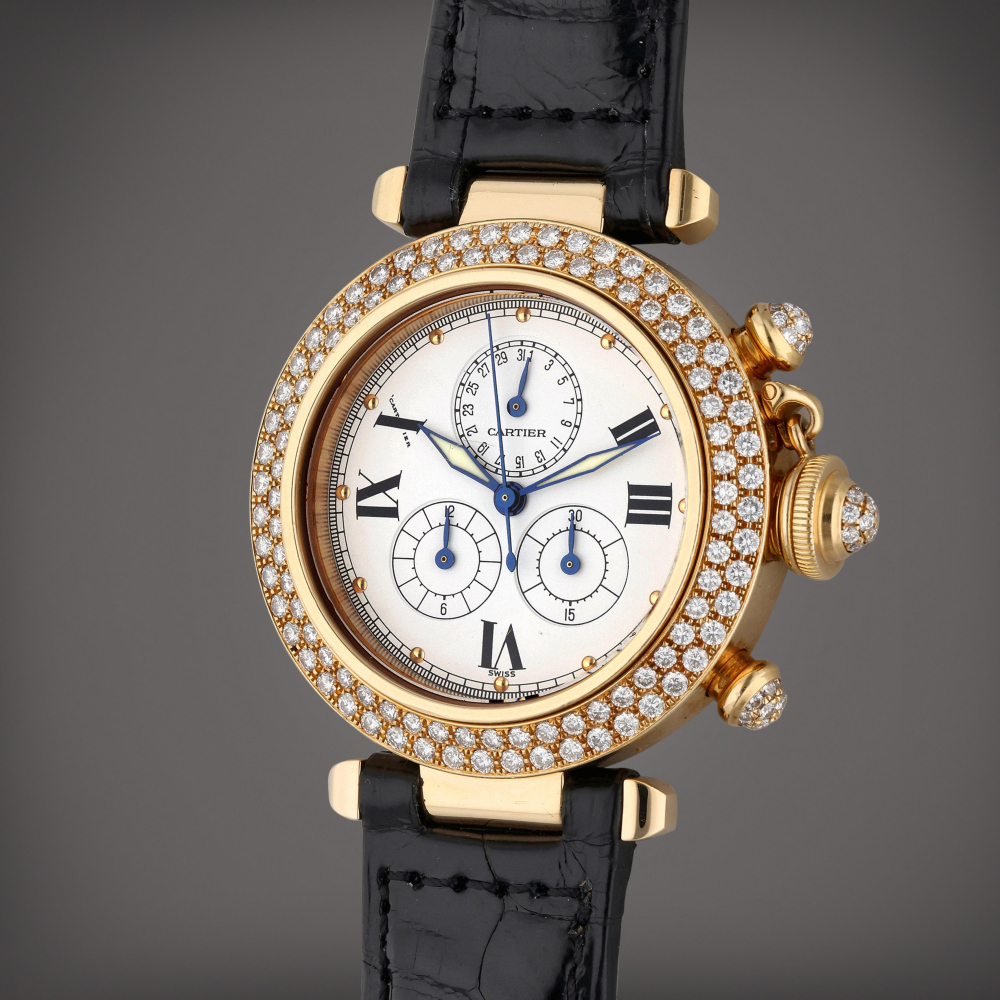 Reference 1353 1 Pasha | A yellow gold and diamond-set chronograph wristwatch with date, Circa 1995