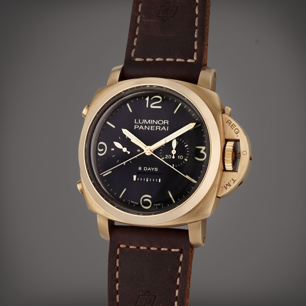 Reference PAM 00319 Luminor 1950 8 Days Rattrapante | A limited edition pink gold split second chronograph wristwatch with eight day power reserve, Circa 2010 | The Hammer Collection